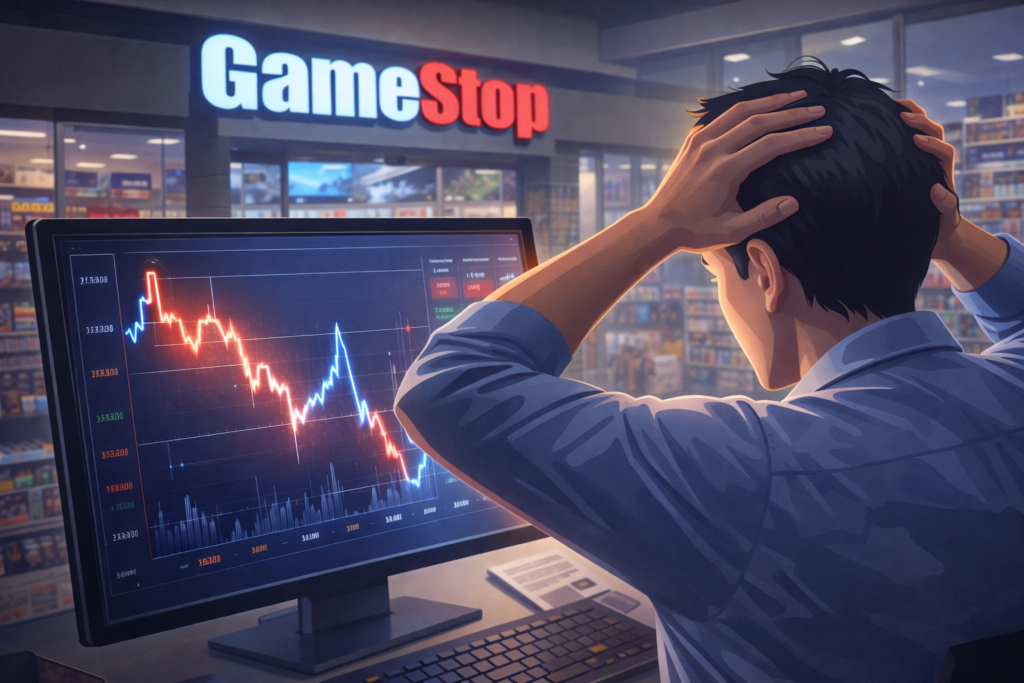 Investor reacting to volatile GameStop stock chart showing emotional investing