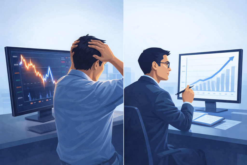 Emotional investor reacting to market volatility compared with disciplined investor focusing on long term growth