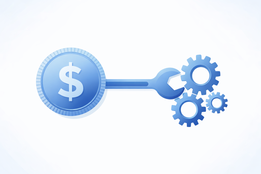 Illustration of money as a tool connecting a coin to gears in a financial system