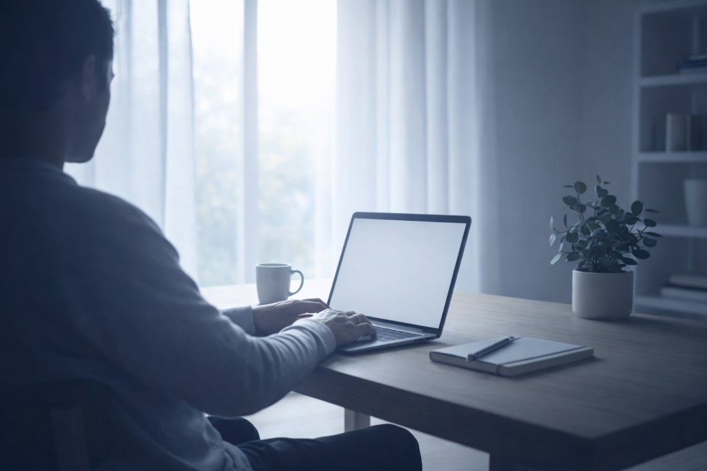 Minimal workspace with person using laptop in a calm environment representing quiet wealth and financial stability