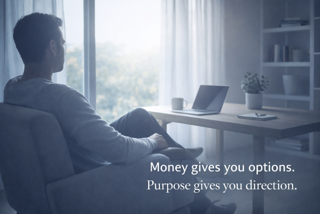 Person sitting in a calm minimalist workspace by a window, reflecting in a peaceful environment
