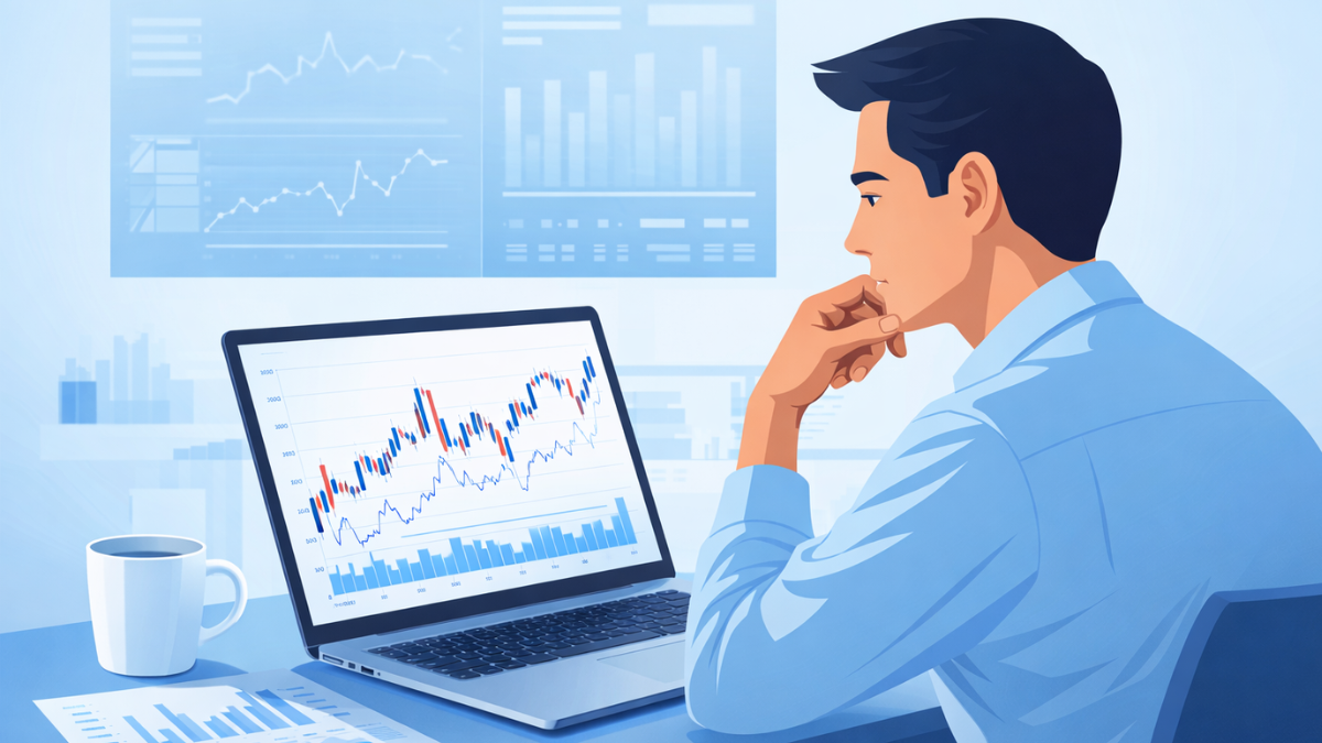 Investor analyzing stock market charts and financial data on a laptop