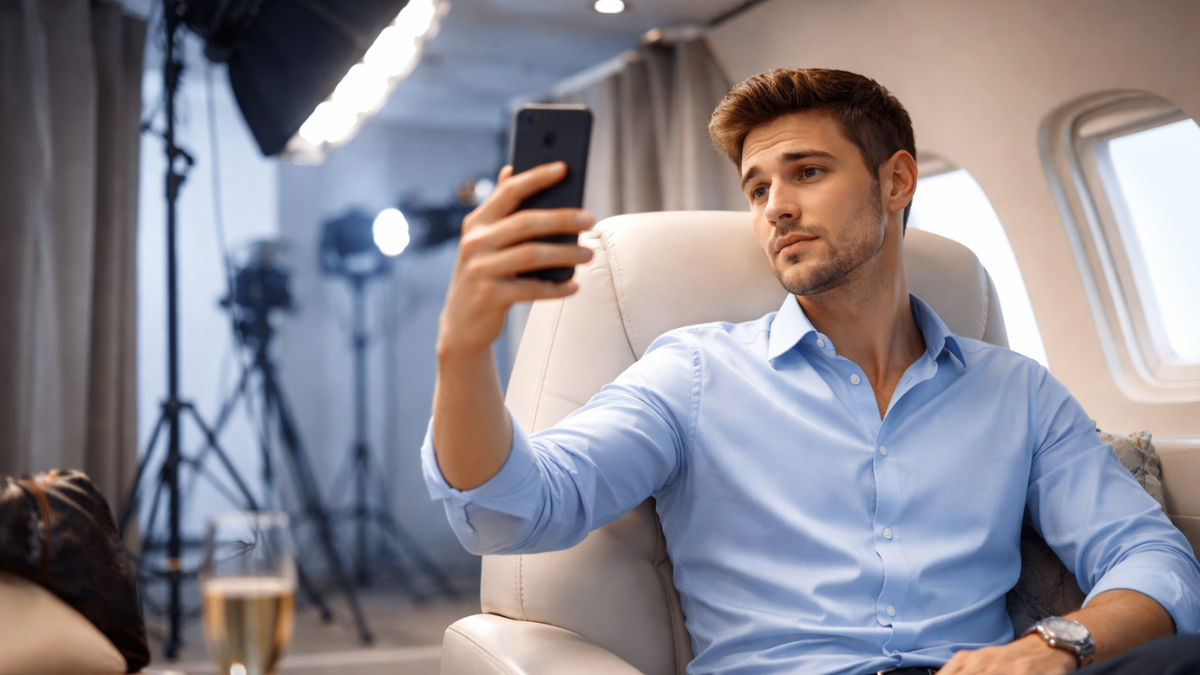 Man taking a luxury selfie in a staged private jet setup with studio lighting visible