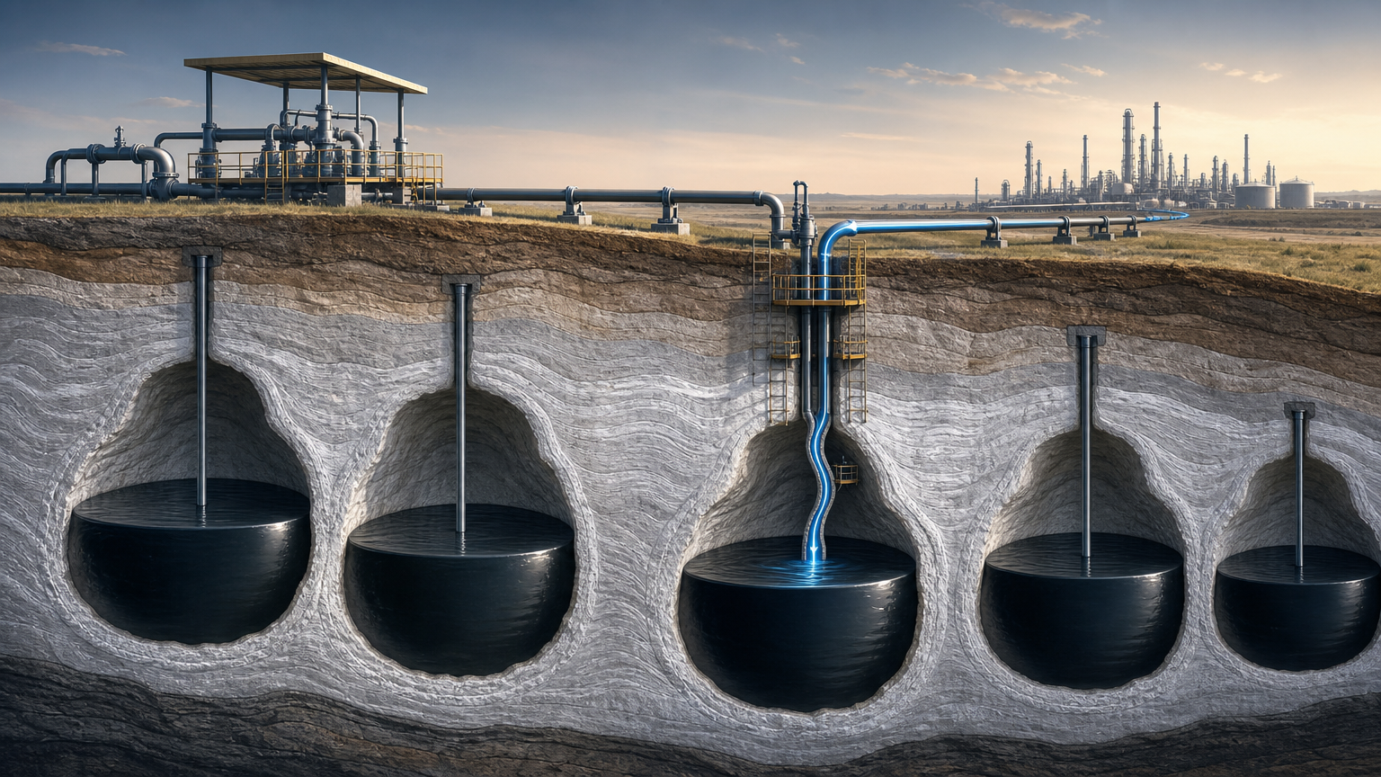 Conceptual cutaway of underground oil-storage caverns showing stable storage, one constrained delivery pathway, and limited crude flow toward refinery infrastructure.