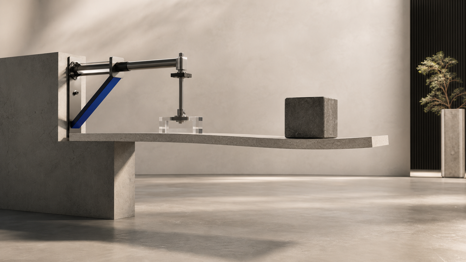 A minimalist load-testing rig shows a weighted cantilever subtly flexing, representing a financial commitment being checked for resilience before signing.