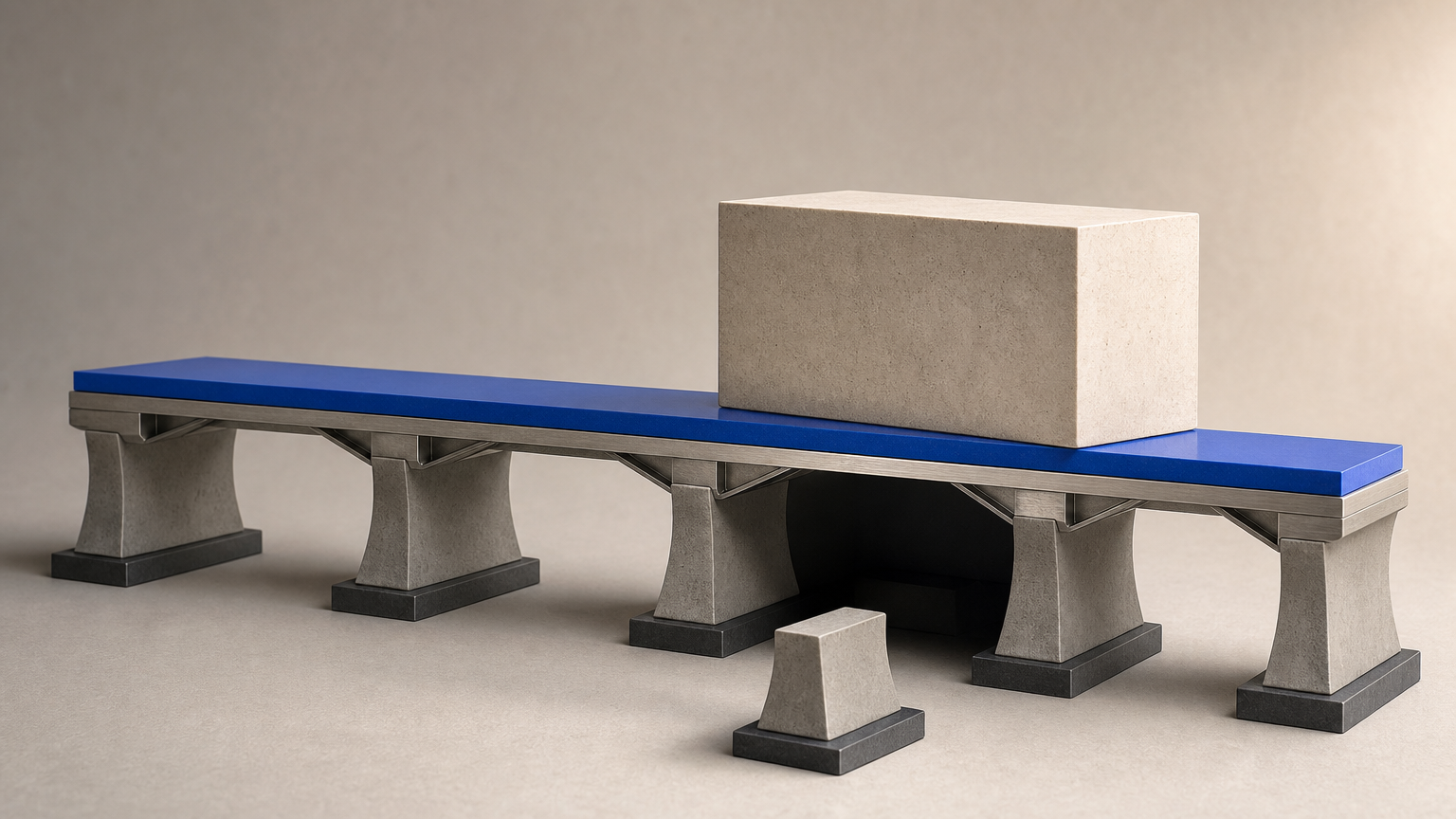 A clean architectural bridge model remains level under a large unmarked block after one of its supports has been pulled away, illustrating a financial plan tested against a missing expected outcome.