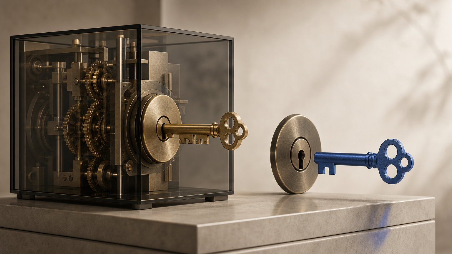 A simple blue copy of a key cannot enter a lock, while a similar brass key works only within a visible custom mechanism of gears and supports, representing the hidden conditions behind a financial success story.