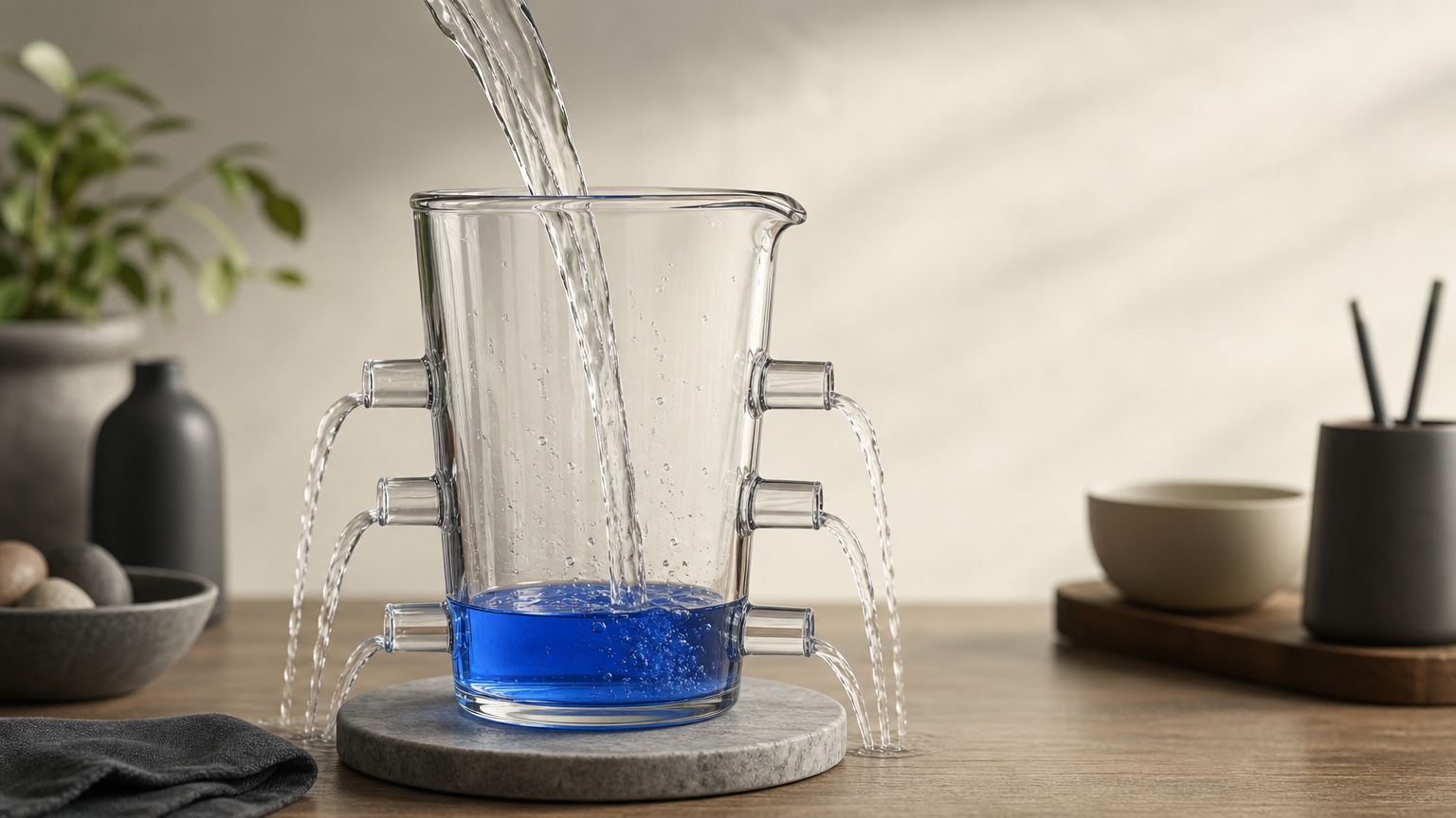 A clear vessel receives a steady stream of water while side channels drain some away, leaving a smaller blue-tinted reserve at the bottom to represent resources retained after obligations.