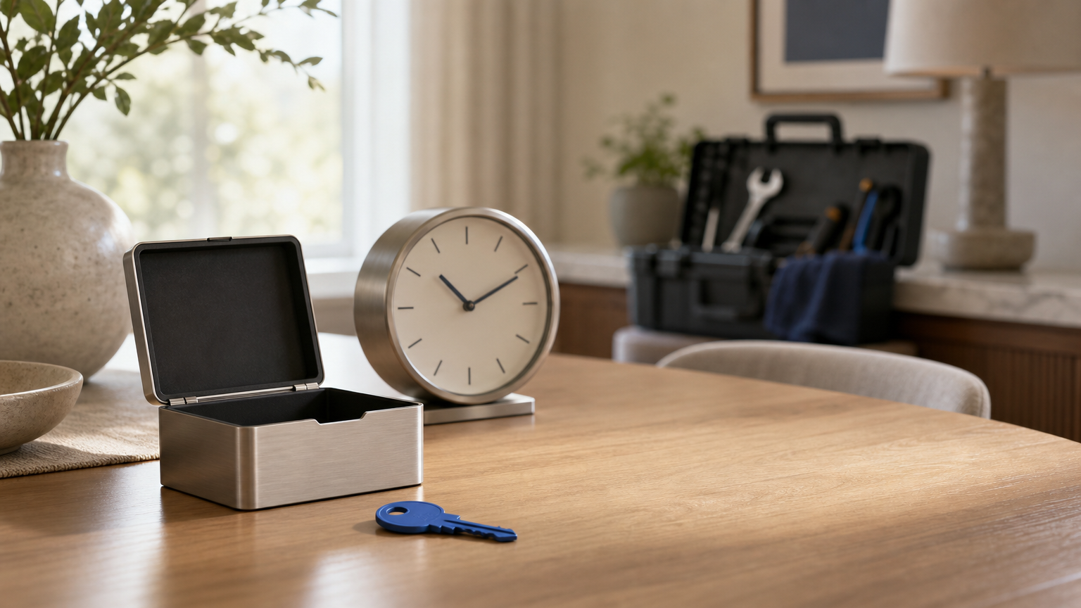 An open household reserve box beside a blue key and a calm clock, with a repair toolkit softly blurred in the background, symbolising accessible savings preserving time and choices.