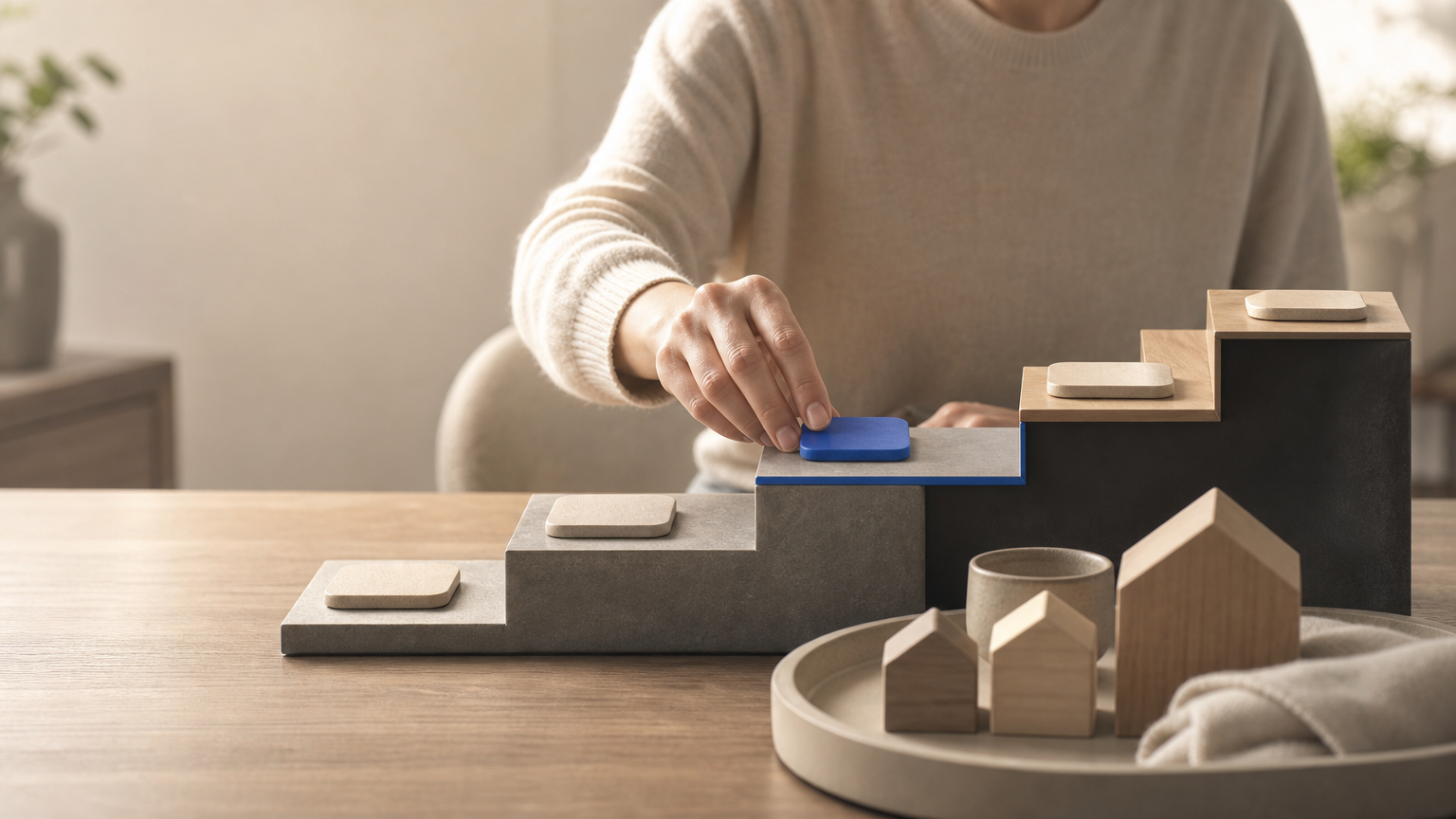 A person chooses a stable middle step on a graduated path while essential household items remain protected beside them, illustrating a sustainable investment risk choice.