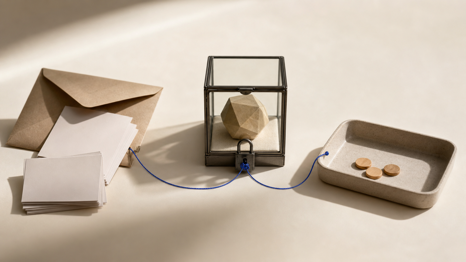 Three connected tabletop scenes show a shaded income envelope, an abstract object enclosed in a glass case, and a nearly empty tray, representing lower income, limited liquidity and restricted accessible cash.