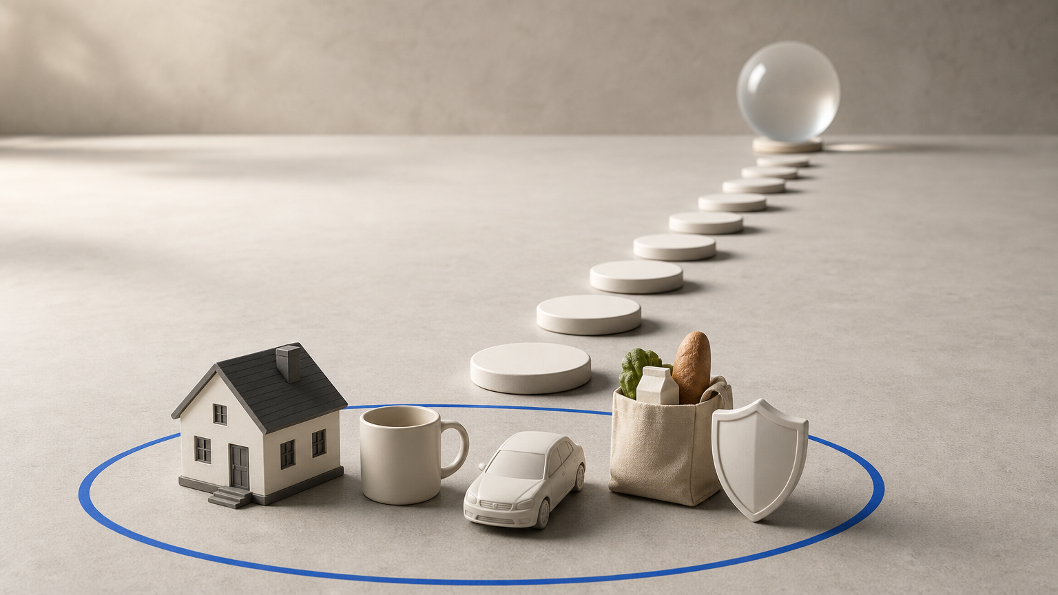 Blank timeline markers lead toward a distant translucent sphere, while protected household-commitment objects sit closer in the foreground, representing bills due before expected cash arrives.