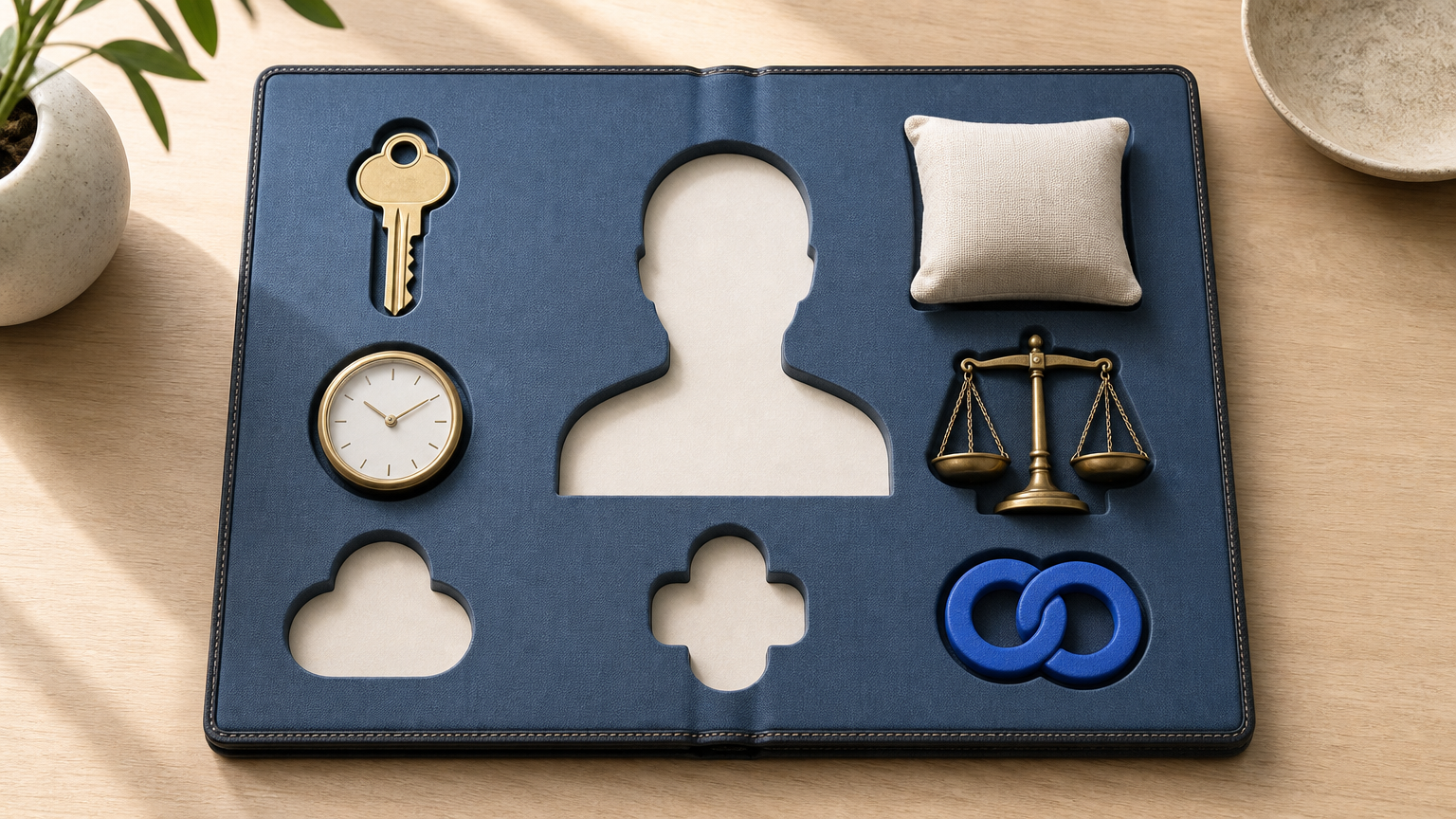 An open folder-like arrangement holds objects representing time, access, obligations and resilience, alongside empty spaces that suggest important missing context.