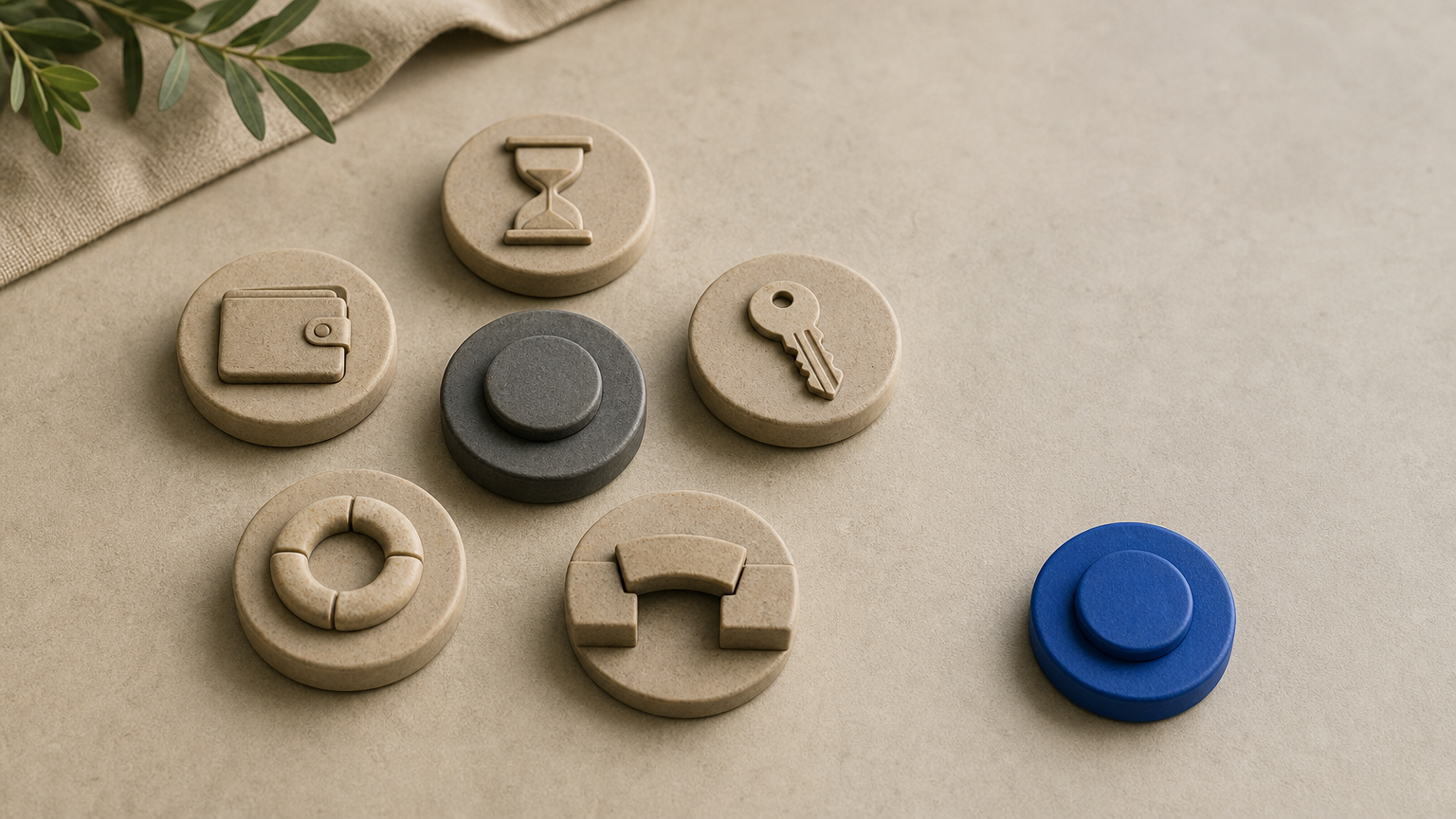 Unlabelled objects representing time, money needs, home obligations, reserves and a risky crossing surround a central decision marker, with one blue marker set aside for review.