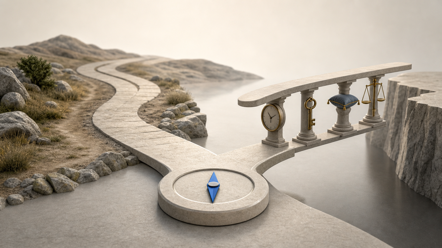 A shared decision point leads to a steady open path and to a narrow bridge held up by unique contextual supports, illustrating a general principle versus a tactic dependent on special conditions.