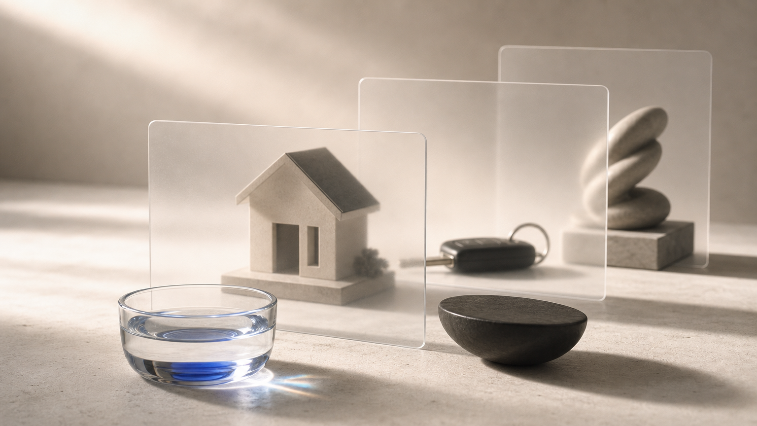 Dimensional still life of a house form, vehicle-key shape and abstract holding set behind translucent layers, with a clear open vessel in front representing more readily accessible resources.