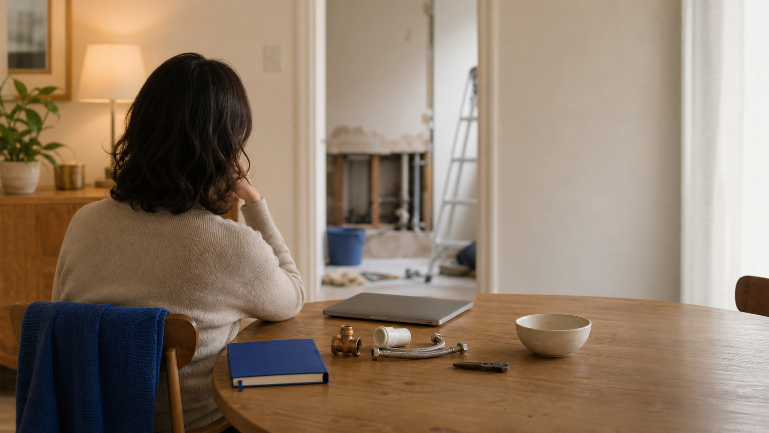 An unidentifiable person pauses at a home dining table near a few repair items, with a small repair area softly visible in the background.