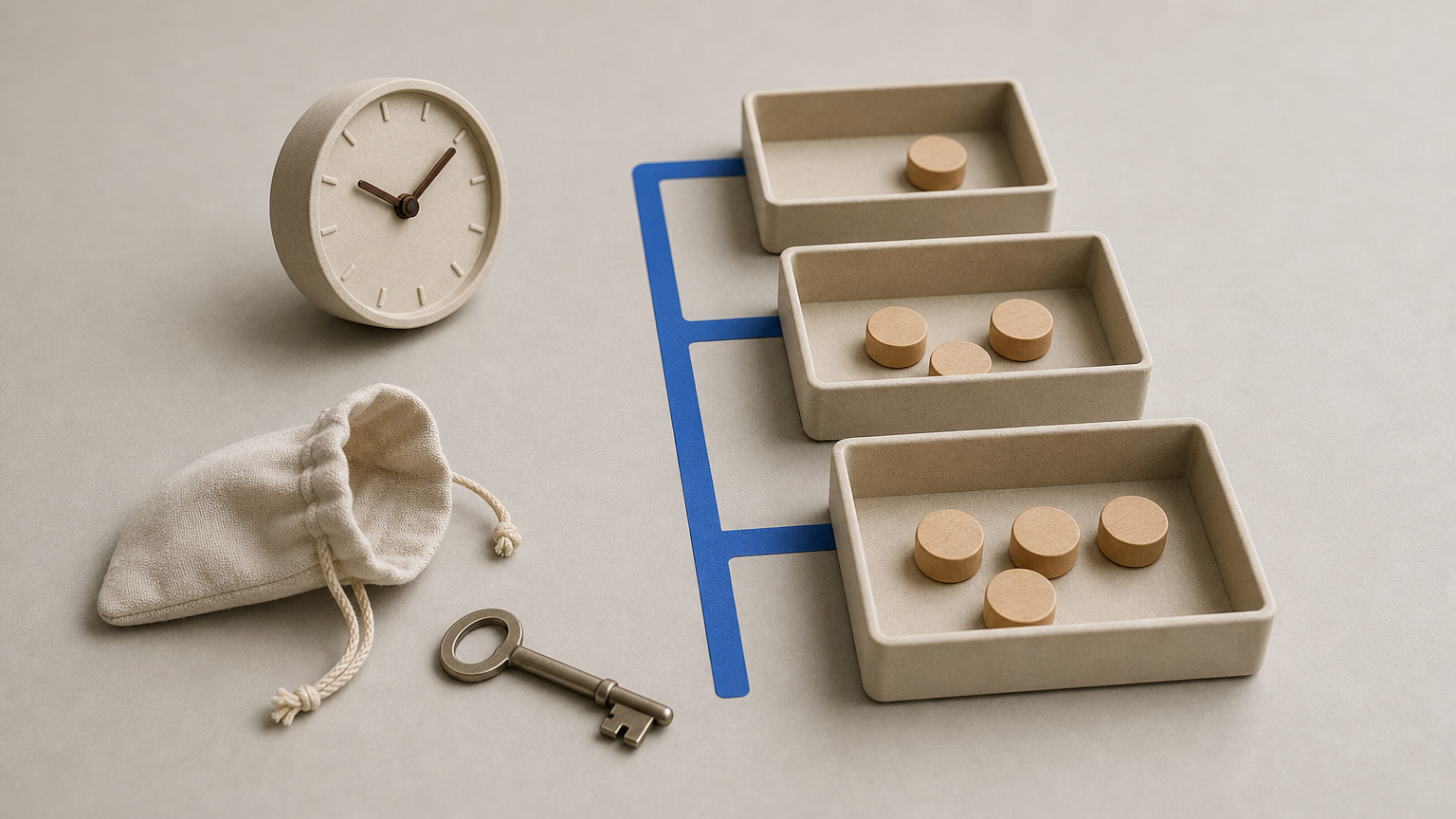 An overhead still life of unmarked trays, a key, an empty pouch, a numeral-free clock and wooden tokens arranged to suggest planning for access and timing.