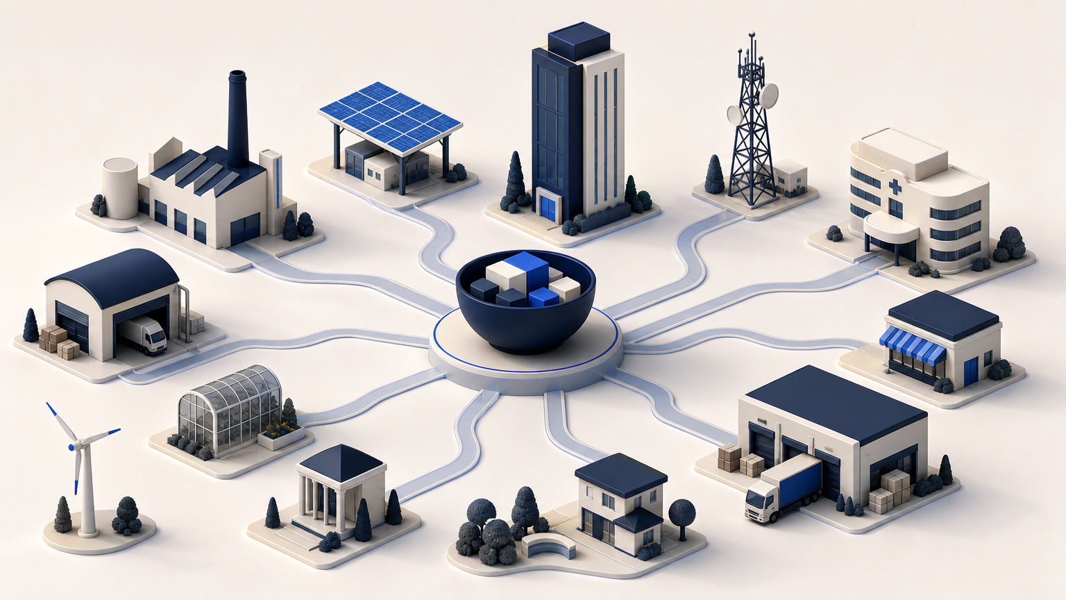 Dimensional illustration of varied unbranded business forms connected across a broad landscape to one central portfolio vessel, with no single company dominating.