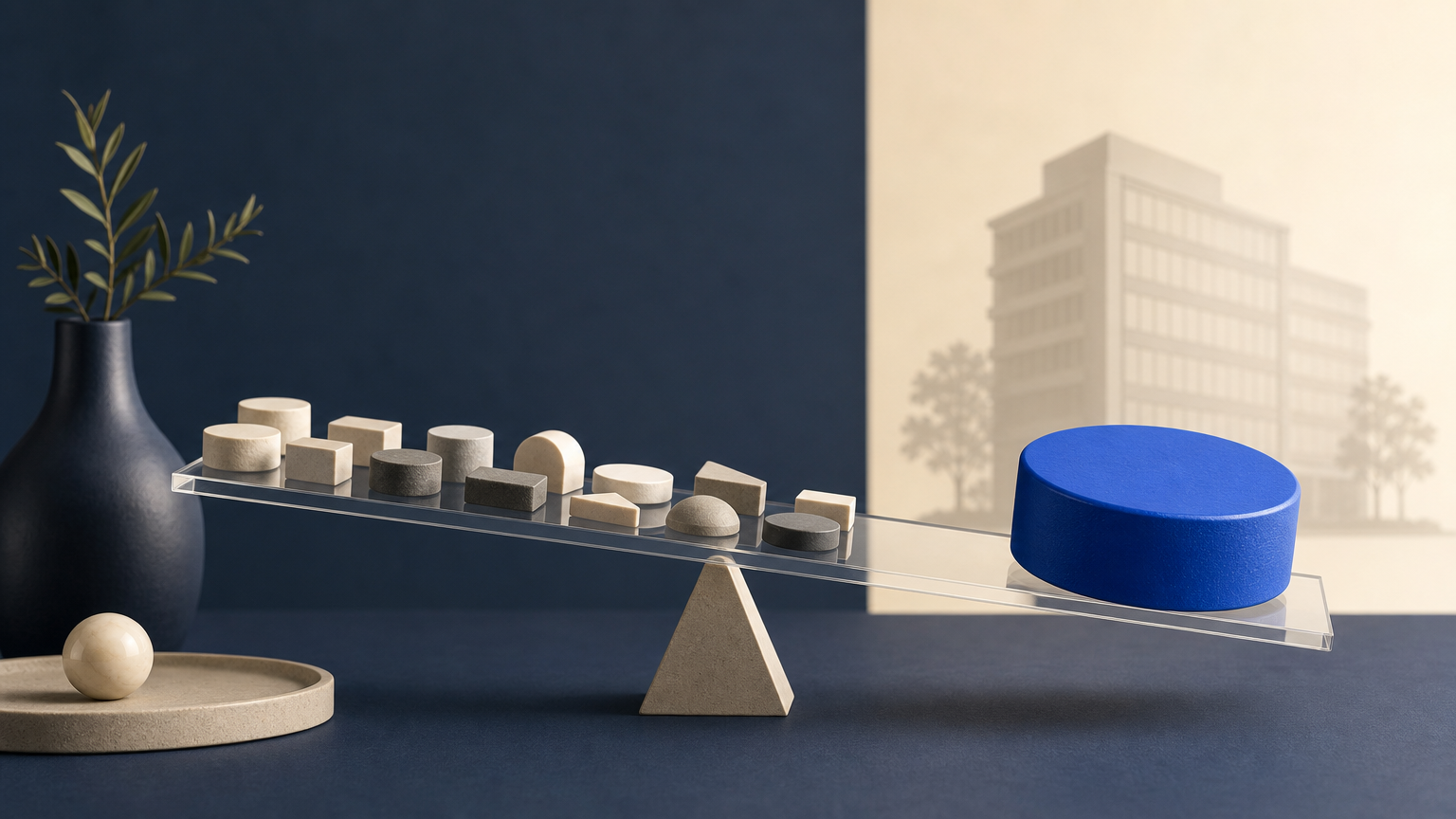 A large blue ownership token tilts a transparent balance platform despite many smaller varied tokens around it, illustrating a portfolio dominated by one exposure.
