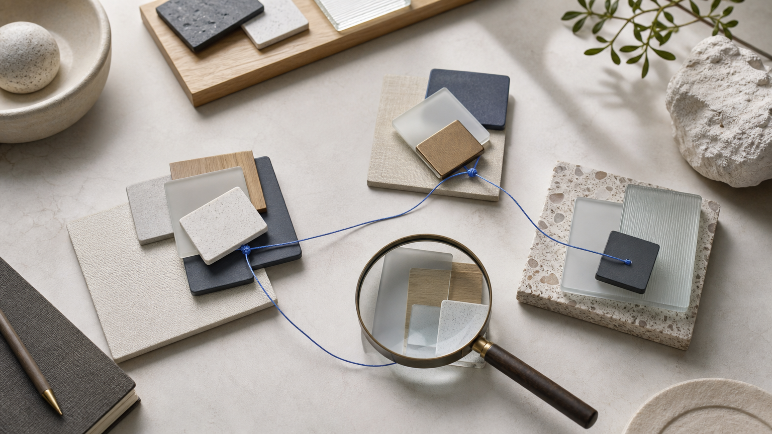 An overhead still life of abstract portfolio tiles layered beneath a magnifying glass, with a blue thread linking repeated shapes to suggest overlapping holdings.